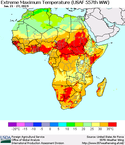 Africa Maximum Daily Temperature (USAF 557th WW) Thematic Map For 1/21/2019 - 1/27/2019