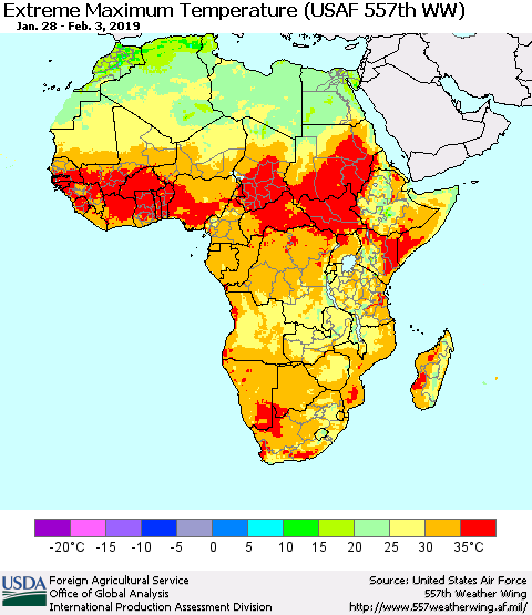 Africa Maximum Daily Temperature (USAF 557th WW) Thematic Map For 1/28/2019 - 2/3/2019