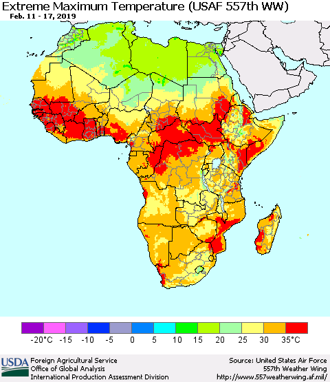 Africa Maximum Daily Temperature (USAF 557th WW) Thematic Map For 2/11/2019 - 2/17/2019