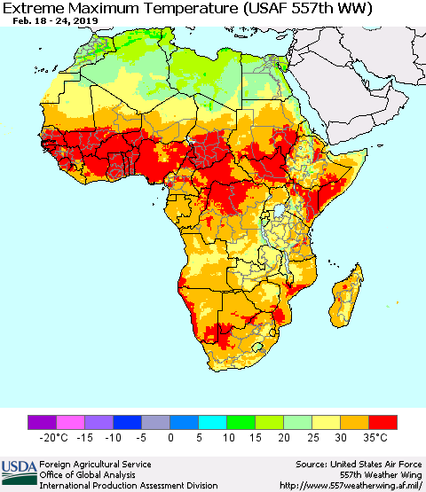 Africa Maximum Daily Temperature (USAF 557th WW) Thematic Map For 2/18/2019 - 2/24/2019