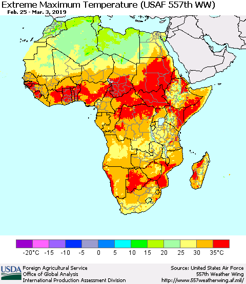 Africa Maximum Daily Temperature (USAF 557th WW) Thematic Map For 2/25/2019 - 3/3/2019
