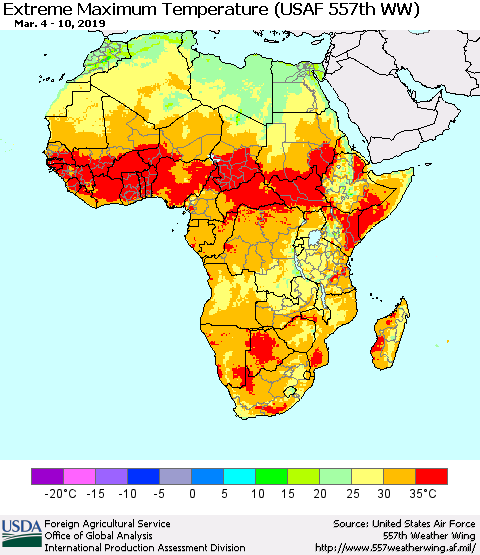 Africa Maximum Daily Temperature (USAF 557th WW) Thematic Map For 3/4/2019 - 3/10/2019