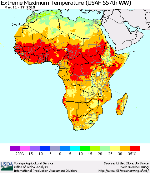 Africa Maximum Daily Temperature (USAF 557th WW) Thematic Map For 3/11/2019 - 3/17/2019