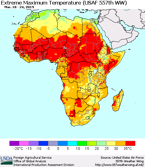 Africa Maximum Daily Temperature (USAF 557th WW) Thematic Map For 3/18/2019 - 3/24/2019