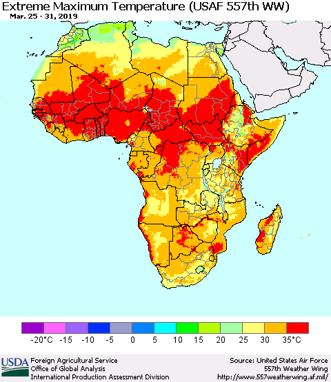 Africa Maximum Daily Temperature (USAF 557th WW) Thematic Map For 3/25/2019 - 3/31/2019