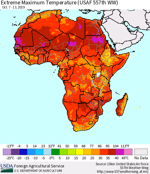 Africa Maximum Daily Temperature (USAF 557th WW) Thematic Map For 10/7/2019 - 10/13/2019