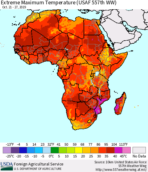 Africa Maximum Daily Temperature (USAF 557th WW) Thematic Map For 10/21/2019 - 10/27/2019