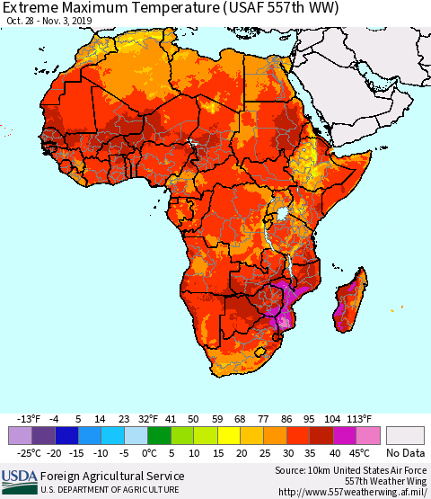 Africa Maximum Daily Temperature (USAF 557th WW) Thematic Map For 10/28/2019 - 11/3/2019