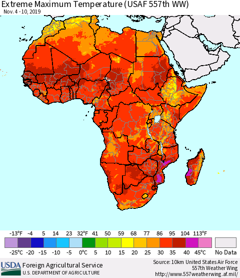 Africa Maximum Daily Temperature (USAF 557th WW) Thematic Map For 11/4/2019 - 11/10/2019