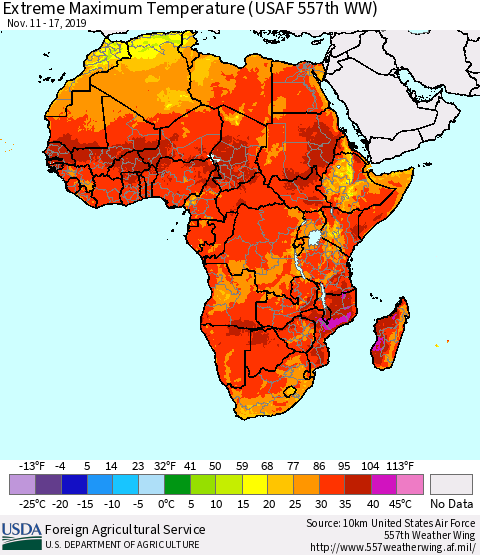 Africa Maximum Daily Temperature (USAF 557th WW) Thematic Map For 11/11/2019 - 11/17/2019