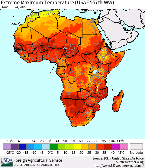 Africa Maximum Daily Temperature (USAF 557th WW) Thematic Map For 11/18/2019 - 11/24/2019