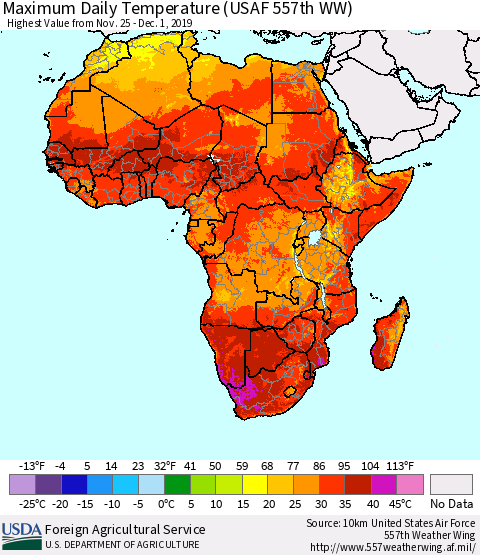 Africa Maximum Daily Temperature (USAF 557th WW) Thematic Map For 11/25/2019 - 12/1/2019