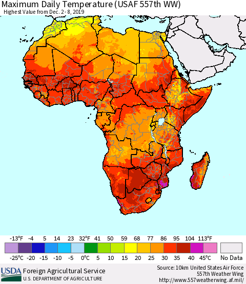Africa Maximum Daily Temperature (USAF 557th WW) Thematic Map For 12/2/2019 - 12/8/2019
