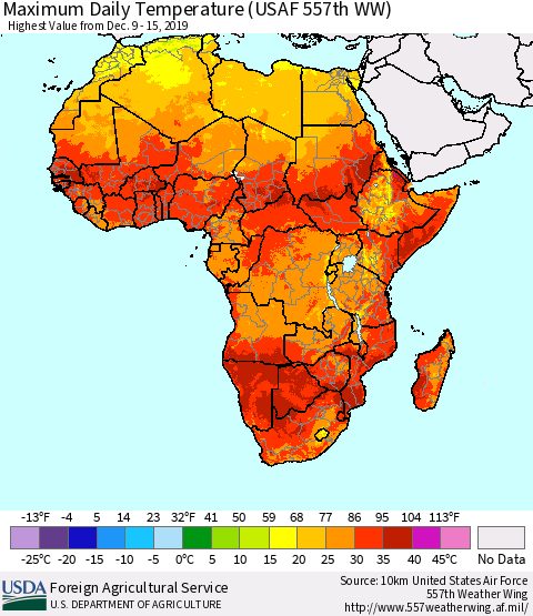 Africa Maximum Daily Temperature (USAF 557th WW) Thematic Map For 12/9/2019 - 12/15/2019