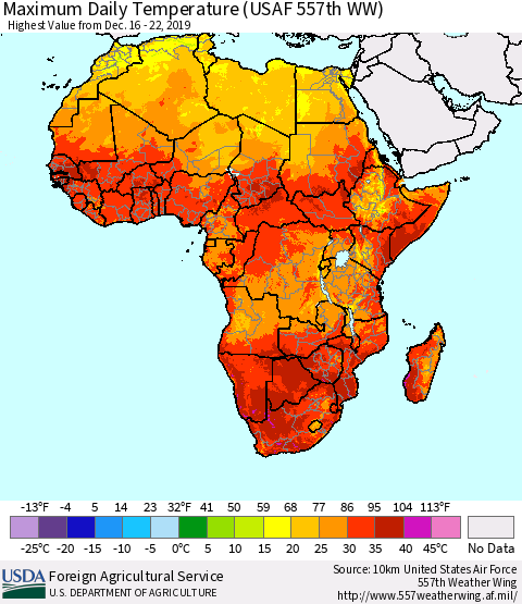 Africa Maximum Daily Temperature (USAF 557th WW) Thematic Map For 12/16/2019 - 12/22/2019