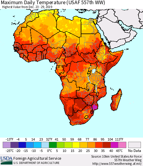 Africa Maximum Daily Temperature (USAF 557th WW) Thematic Map For 12/23/2019 - 12/29/2019
