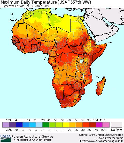 Africa Maximum Daily Temperature (USAF 557th WW) Thematic Map For 12/30/2019 - 1/5/2020