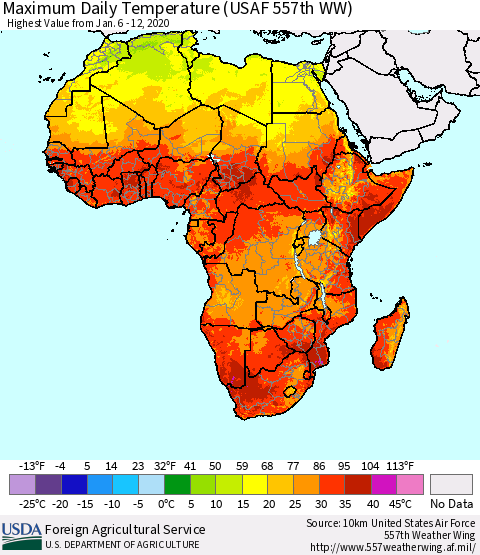 Africa Maximum Daily Temperature (USAF 557th WW) Thematic Map For 1/6/2020 - 1/12/2020