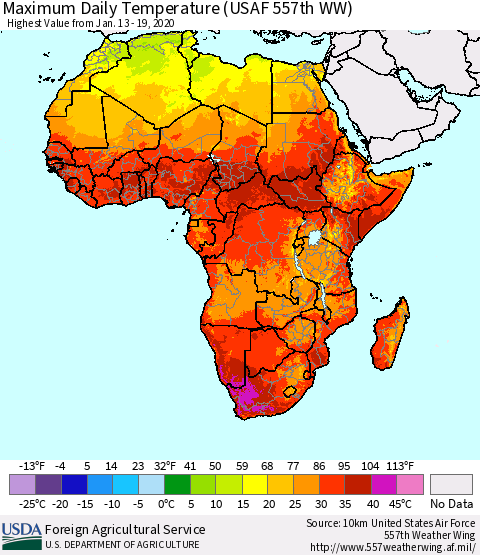 Africa Maximum Daily Temperature (USAF 557th WW) Thematic Map For 1/13/2020 - 1/19/2020