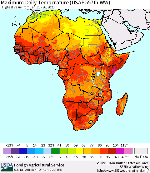 Africa Maximum Daily Temperature (USAF 557th WW) Thematic Map For 1/20/2020 - 1/26/2020