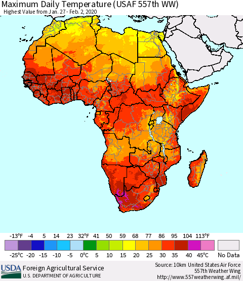 Africa Maximum Daily Temperature (USAF 557th WW) Thematic Map For 1/27/2020 - 2/2/2020