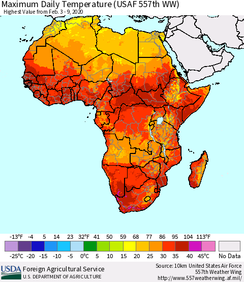 Africa Maximum Daily Temperature (USAF 557th WW) Thematic Map For 2/3/2020 - 2/9/2020