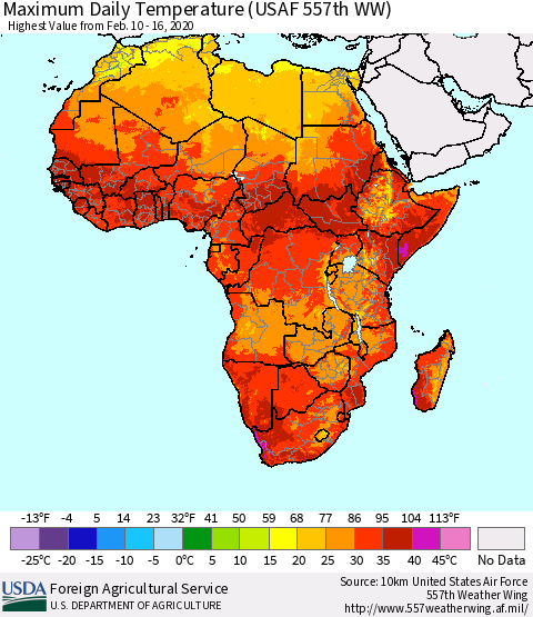 Africa Maximum Daily Temperature (USAF 557th WW) Thematic Map For 2/10/2020 - 2/16/2020