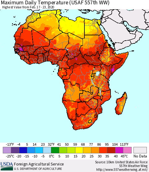 Africa Maximum Daily Temperature (USAF 557th WW) Thematic Map For 2/17/2020 - 2/23/2020