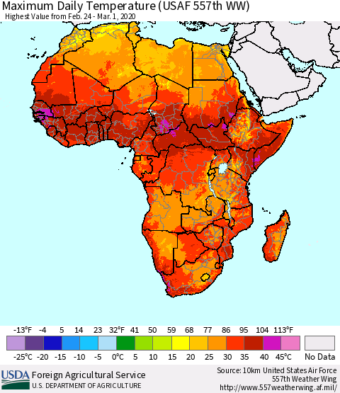 Africa Maximum Daily Temperature (USAF 557th WW) Thematic Map For 2/24/2020 - 3/1/2020