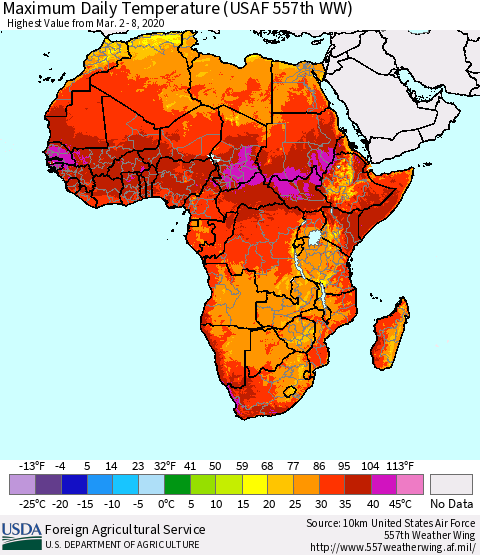 Africa Maximum Daily Temperature (USAF 557th WW) Thematic Map For 3/2/2020 - 3/8/2020