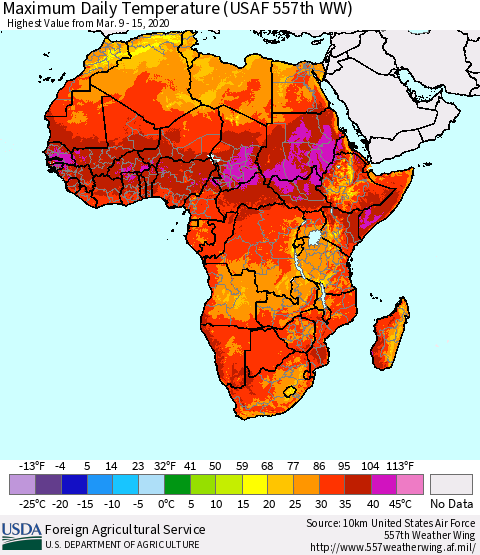 Africa Maximum Daily Temperature (USAF 557th WW) Thematic Map For 3/9/2020 - 3/15/2020