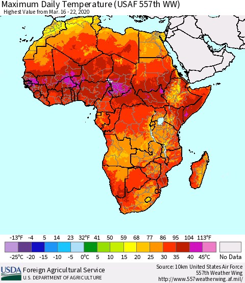 Africa Maximum Daily Temperature (USAF 557th WW) Thematic Map For 3/16/2020 - 3/22/2020