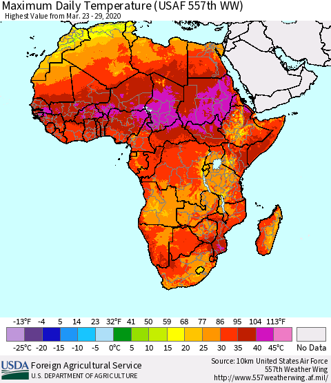 Africa Maximum Daily Temperature (USAF 557th WW) Thematic Map For 3/23/2020 - 3/29/2020