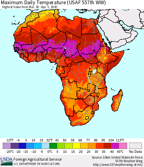 Africa Maximum Daily Temperature (USAF 557th WW) Thematic Map For 3/30/2020 - 4/5/2020