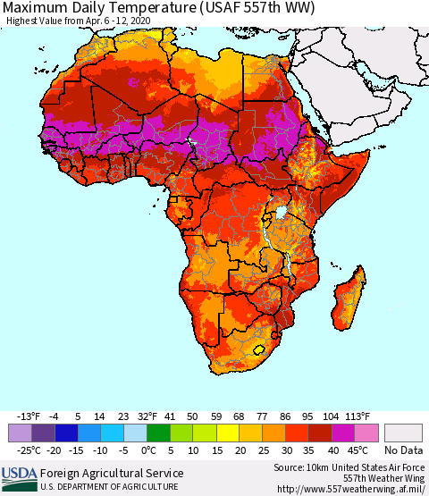 Africa Maximum Daily Temperature (USAF 557th WW) Thematic Map For 4/6/2020 - 4/12/2020