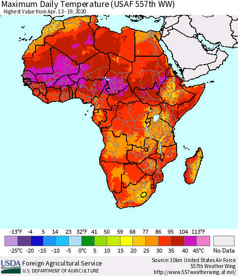 Africa Maximum Daily Temperature (USAF 557th WW) Thematic Map For 4/13/2020 - 4/19/2020