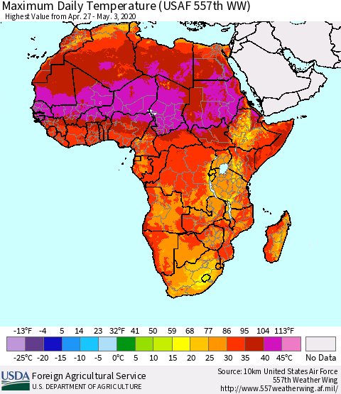 Africa Maximum Daily Temperature (USAF 557th WW) Thematic Map For 4/27/2020 - 5/3/2020