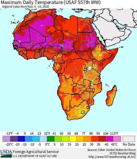 Africa Maximum Daily Temperature (USAF 557th WW) Thematic Map For 5/4/2020 - 5/10/2020
