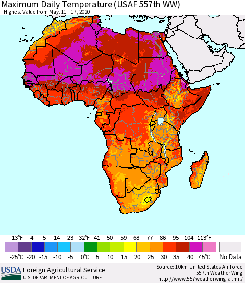 Africa Maximum Daily Temperature (USAF 557th WW) Thematic Map For 5/11/2020 - 5/17/2020