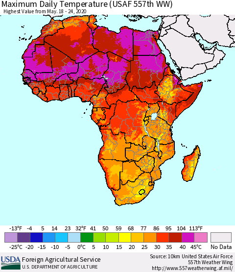 Africa Maximum Daily Temperature (USAF 557th WW) Thematic Map For 5/18/2020 - 5/24/2020