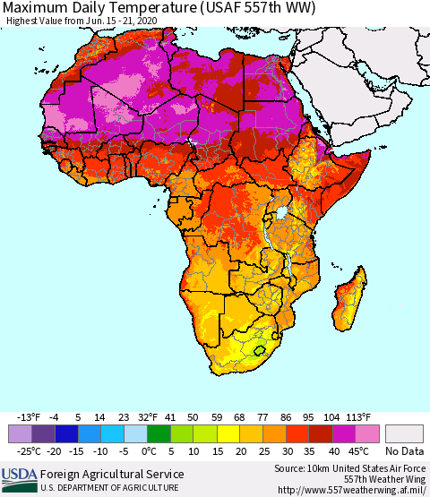 Africa Maximum Daily Temperature (USAF 557th WW) Thematic Map For 6/15/2020 - 6/21/2020