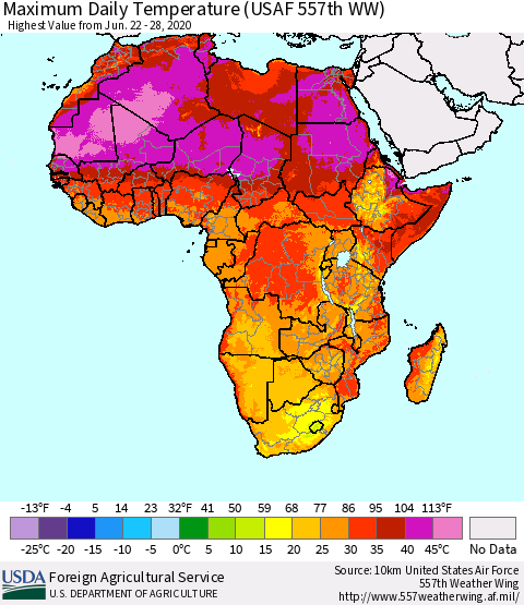 Africa Maximum Daily Temperature (USAF 557th WW) Thematic Map For 6/22/2020 - 6/28/2020