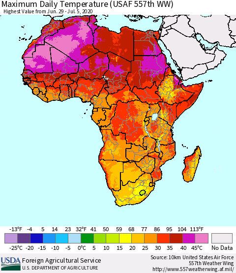 Africa Maximum Daily Temperature (USAF 557th WW) Thematic Map For 6/29/2020 - 7/5/2020