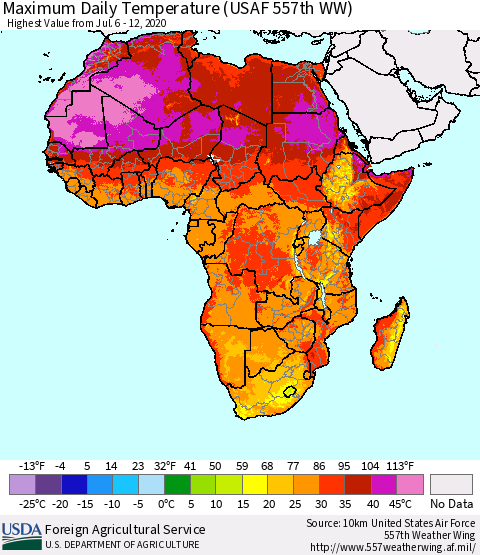 Africa Maximum Daily Temperature (USAF 557th WW) Thematic Map For 7/6/2020 - 7/12/2020