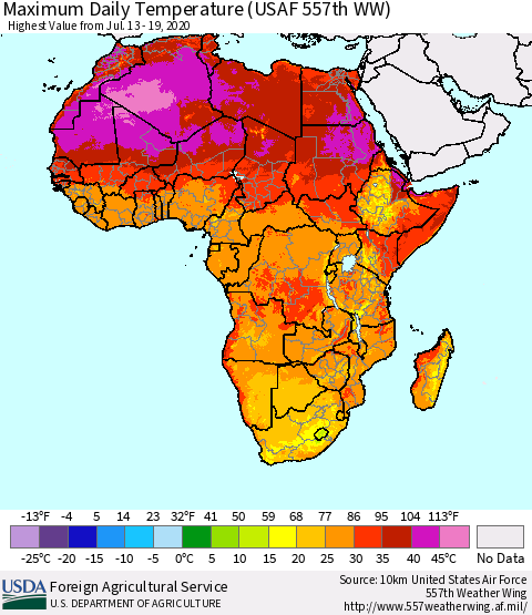 Africa Maximum Daily Temperature (USAF 557th WW) Thematic Map For 7/13/2020 - 7/19/2020