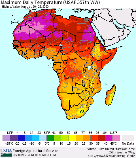 Africa Maximum Daily Temperature (USAF 557th WW) Thematic Map For 7/20/2020 - 7/26/2020