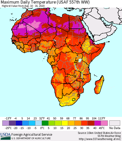 Africa Maximum Daily Temperature (USAF 557th WW) Thematic Map For 8/10/2020 - 8/16/2020