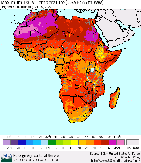 Africa Maximum Daily Temperature (USAF 557th WW) Thematic Map For 8/24/2020 - 8/30/2020