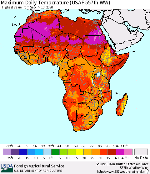 Africa Maximum Daily Temperature (USAF 557th WW) Thematic Map For 9/7/2020 - 9/13/2020