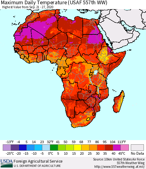 Africa Maximum Daily Temperature (USAF 557th WW) Thematic Map For 9/21/2020 - 9/27/2020